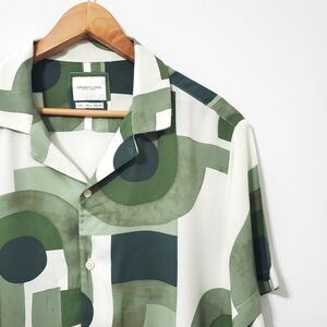 Denim & Flower Green Geo Print Button Down Short Sleeve Shirt Large